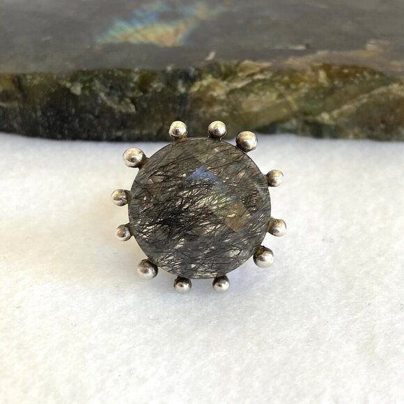 Sterling Silver 925 Large Round Faceted Tourmalated Quartz Cocktail Ring Sz 6.75 - Picture 1 of 16